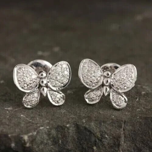 1.50 Ct Round Cut Moissanite Tiny Butterfly Stud Earrings 14K White Gold Plated