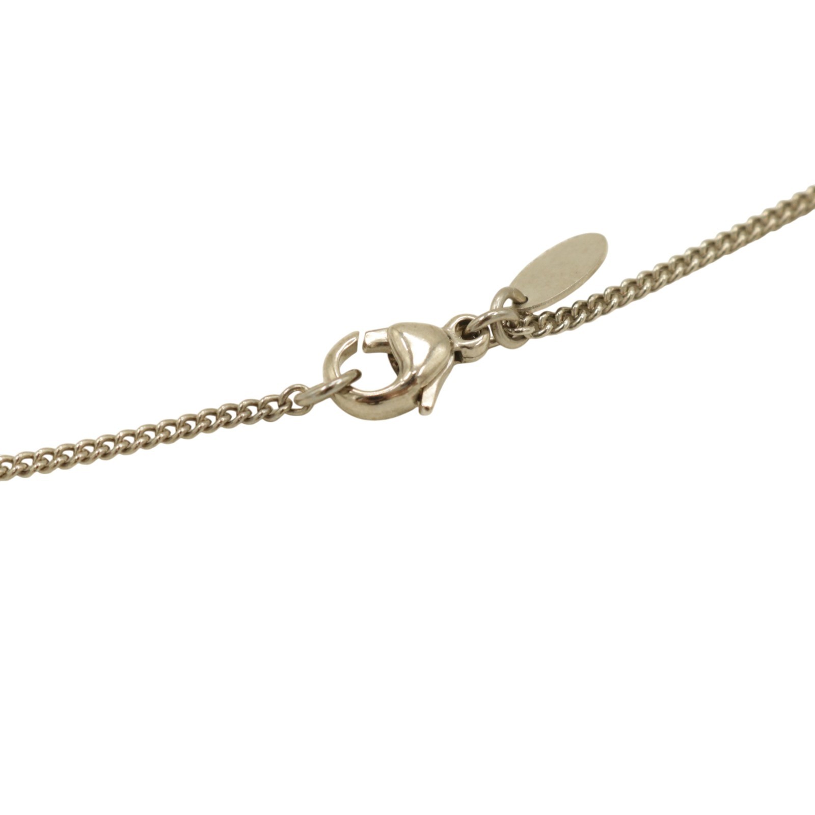Auth CHANEL Coco Mark CC Logo Rhinestone Pendant Necklace Silver Tone