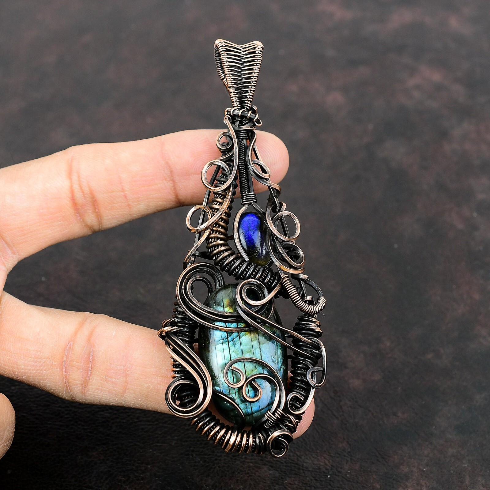 Women Day Sale Labradorite Wire Wrapped Pendant Handcrafted Copper Gift 4.13″