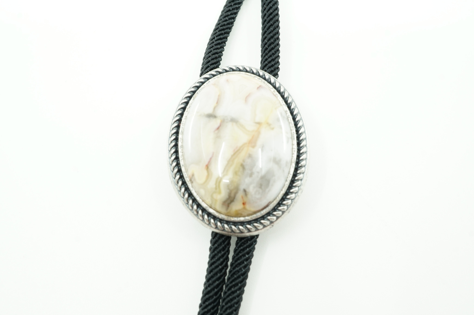 Natural Crazy Lace Agate Stone Western Cowboy Rodeo Braided Fabric Neck Bolo Tie
