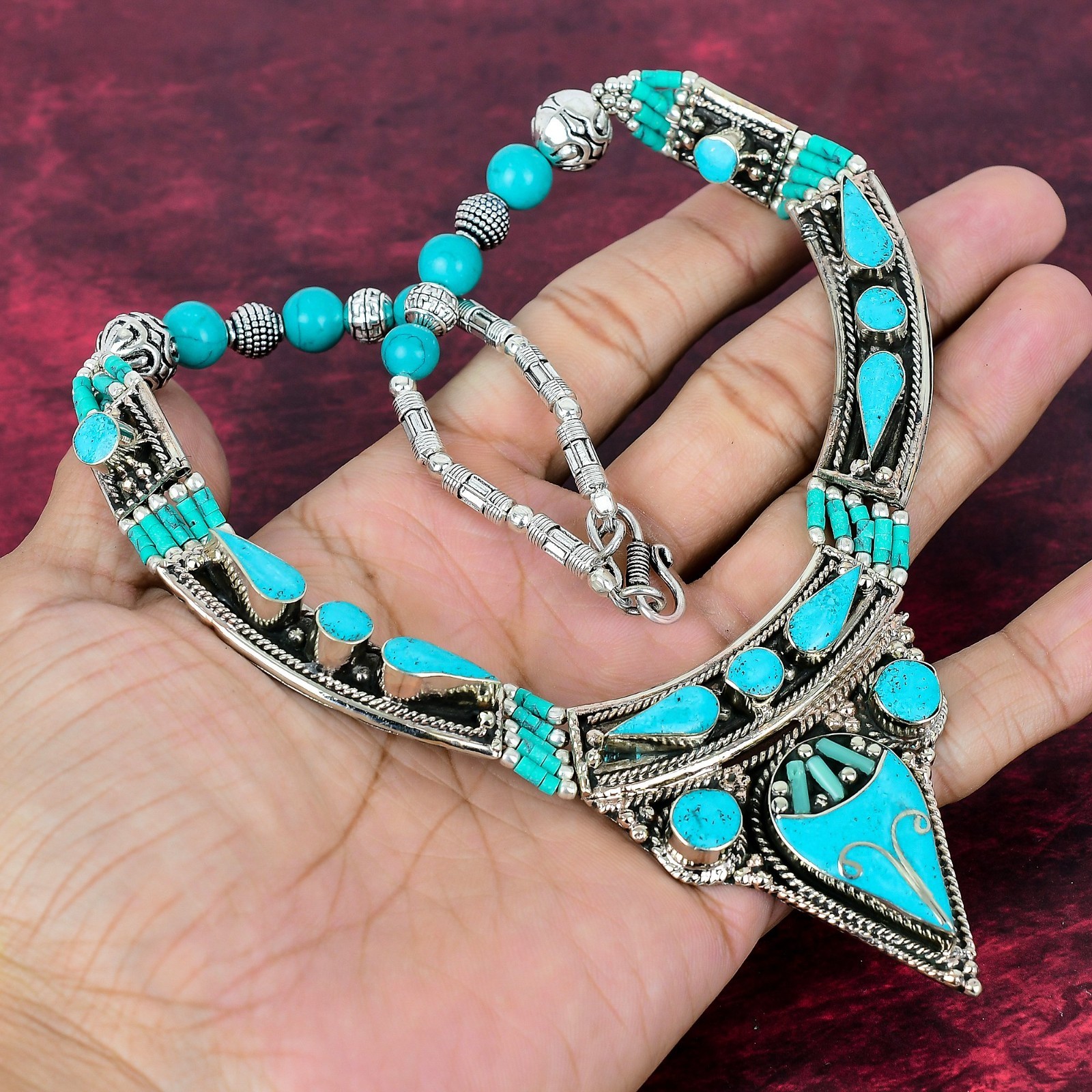 Blue Turquoise Gemstone Handmade 925 Streling Silver Designer Nepali Necklace