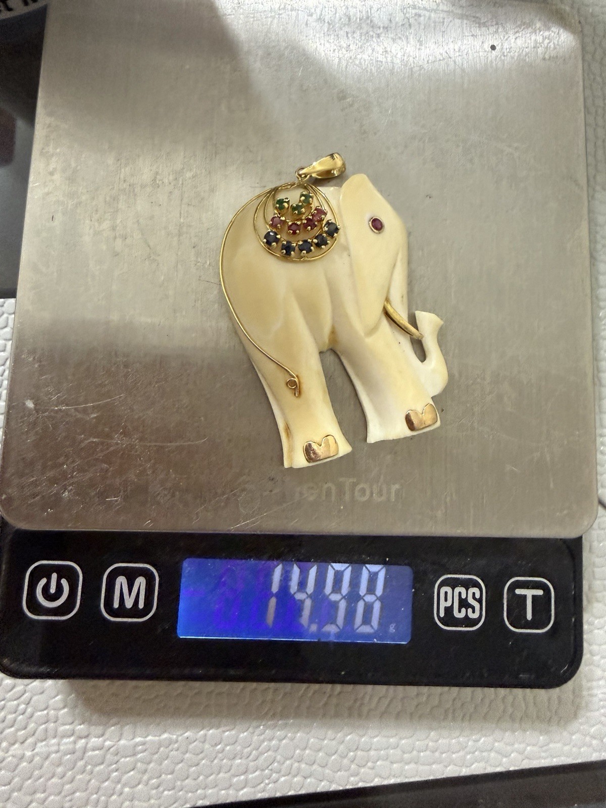 Vintage Carved Elephant 14k Gold Blue, Red & Green Stones Pendant