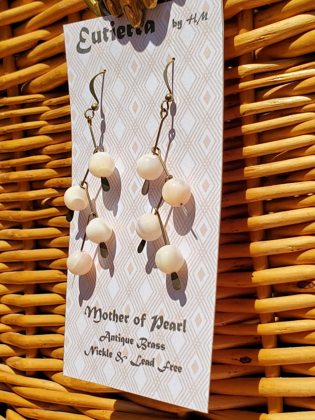 Eutierra Mother of Pearl Earrings are Hand Crafted In USA 2 1/2″ Soft Pink Brass