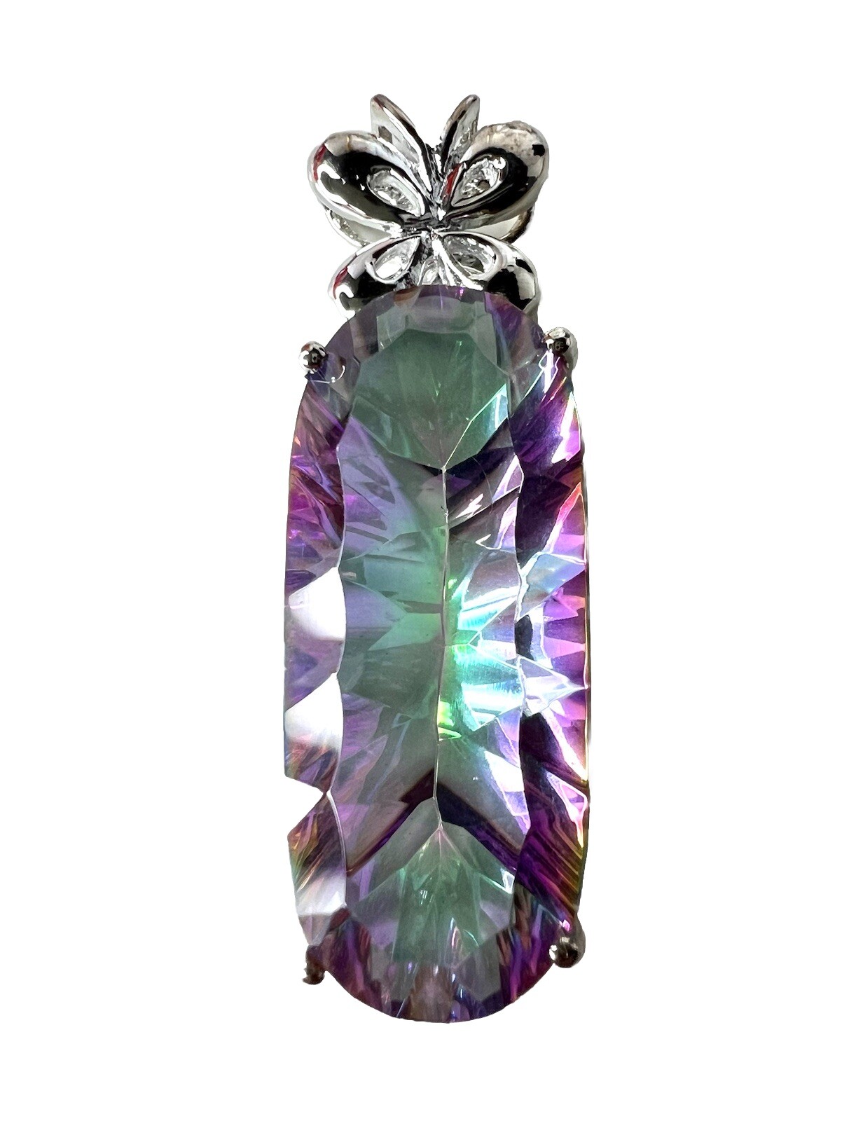 STERLING SILVER 925 Mystic Topaz Oblong Pendant Butterfly 1.5” L Purple Green
