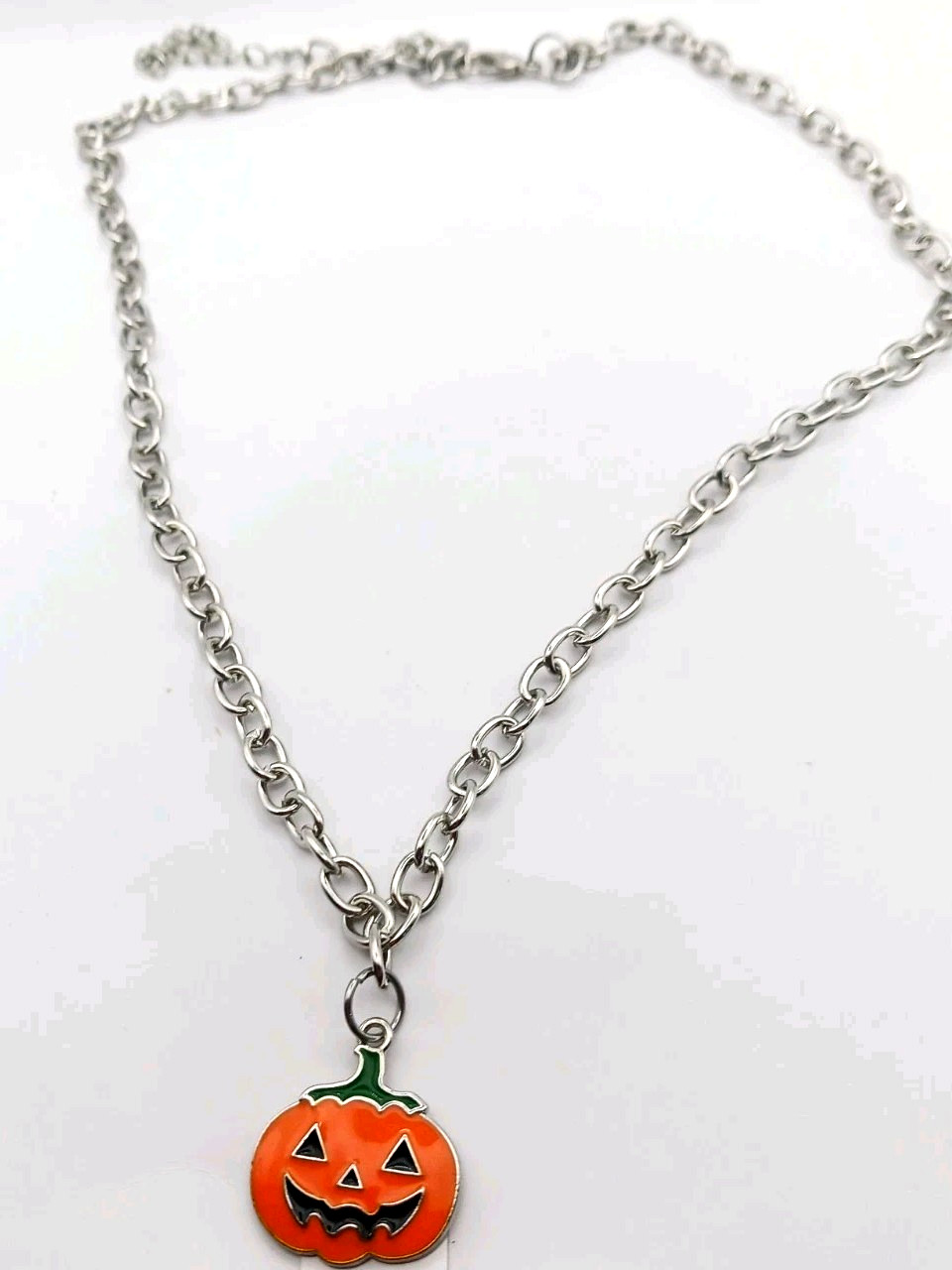 Jack O Lantern Halloween Silver Tone Pendant Necklace-21 Inches