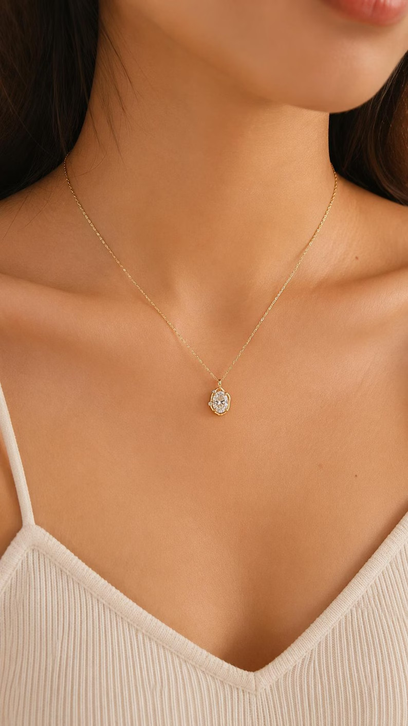 2 Ct Oval Moissanite Classic Pendent Necklace 14k Gold Plated Gift for Her 18In