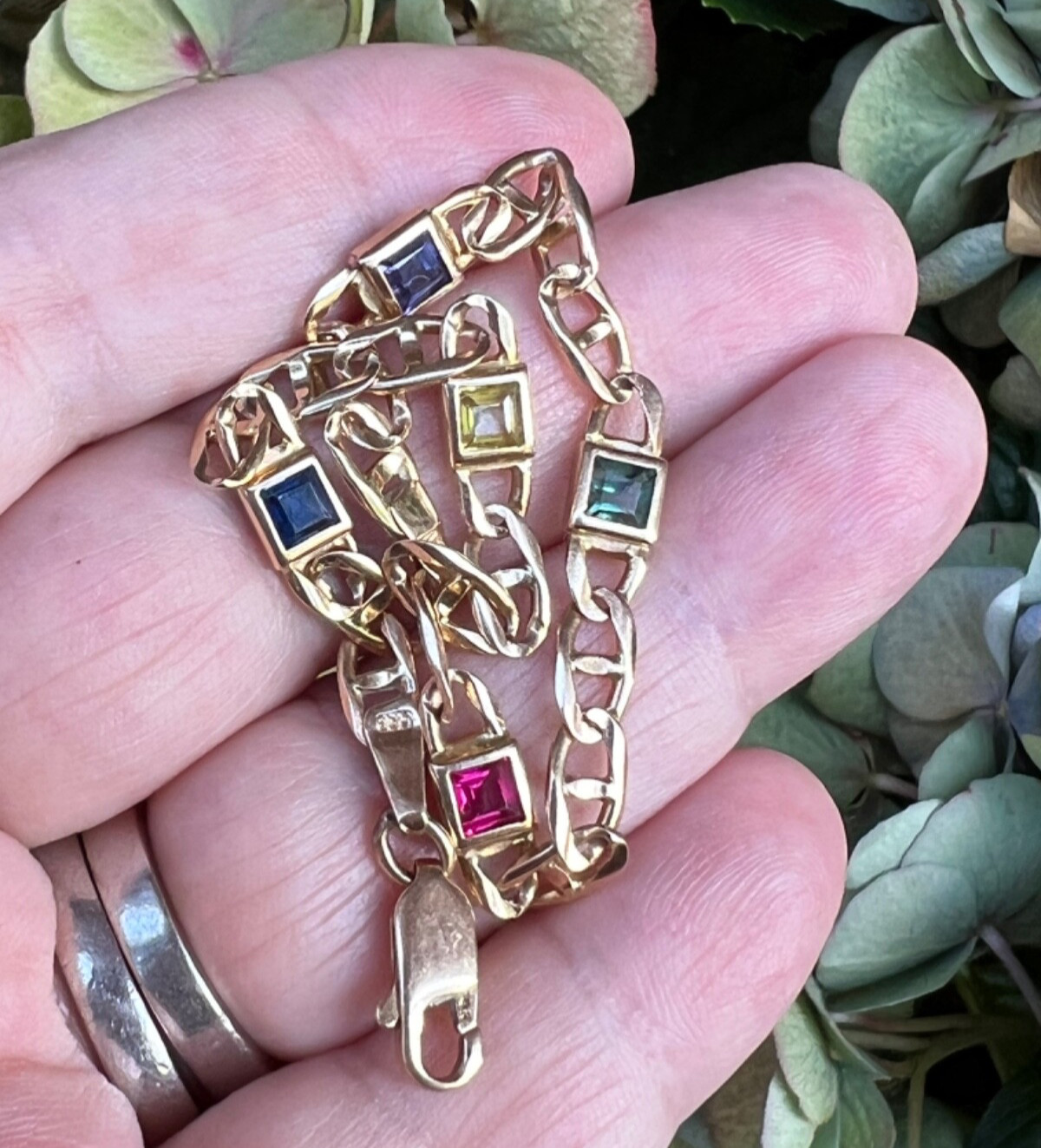 14K YELLOW GOLD MULTI GEMSTONES FIGARO BRACELET MADE IN ITALY CANDY COLORS