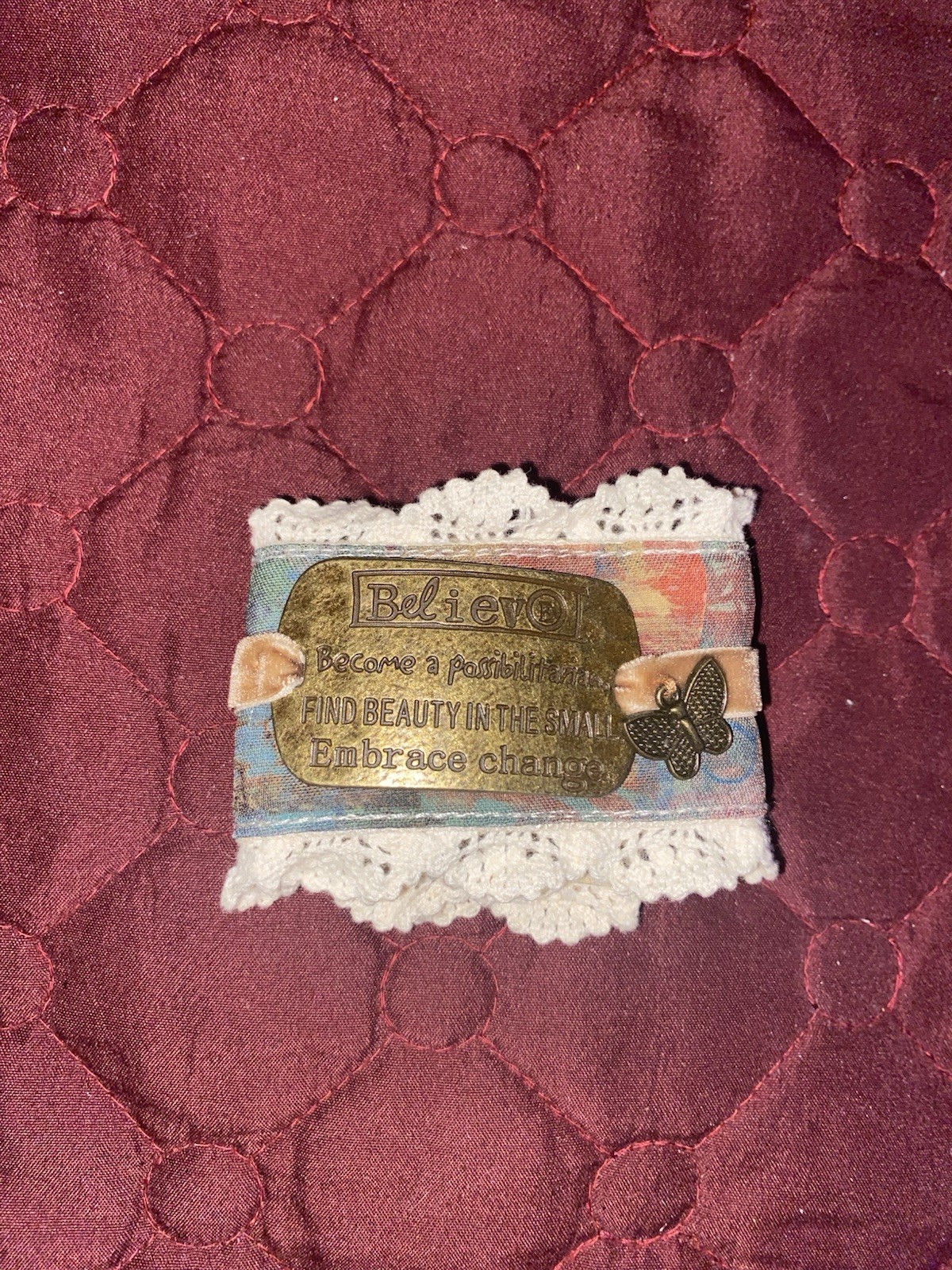 Boho Fabric & Lace Cuff Bracelet– “Believe” Inspirational Plaque Adjustable Snap