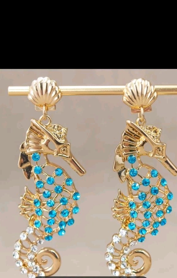 Sparkling Blue & clear Rinestone Embellished Goldtone Seahorse Dangling Earrings