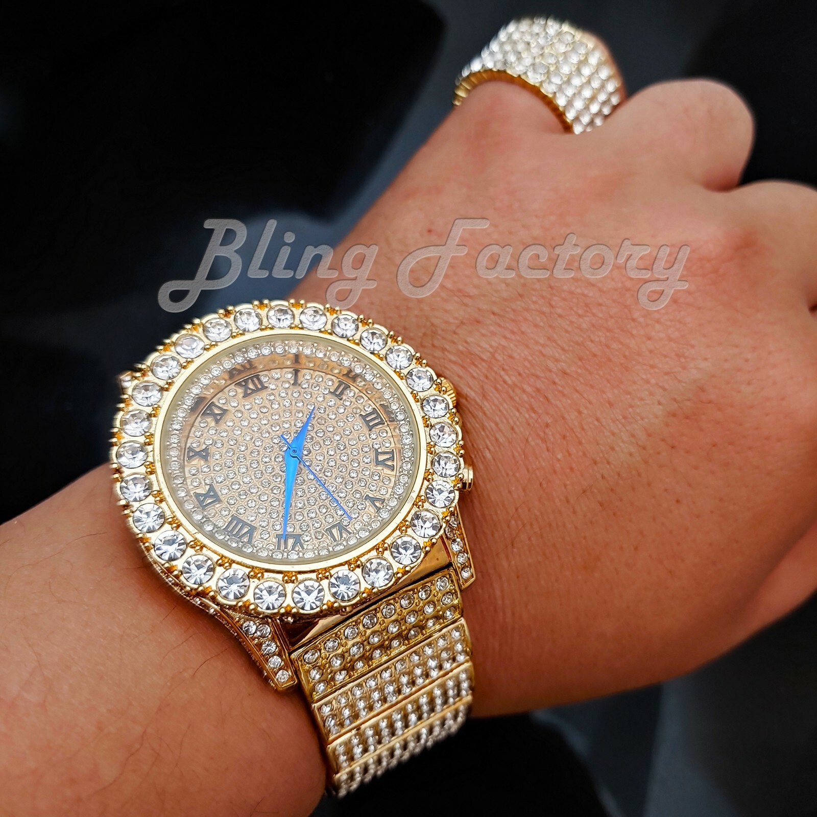 MEN’S HIP HOP GOLD PT LAB DIAMOND METAL WATCH & FULL ICED RING COMBO GIFT SET