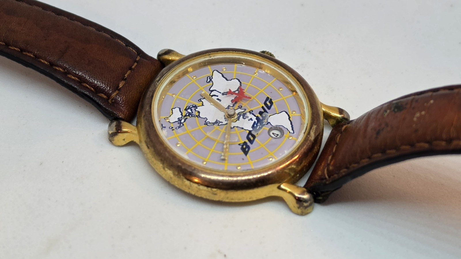 Vintage Boeing World Map Airplane Second Hand Quartz Watch 38mm Japan Runs