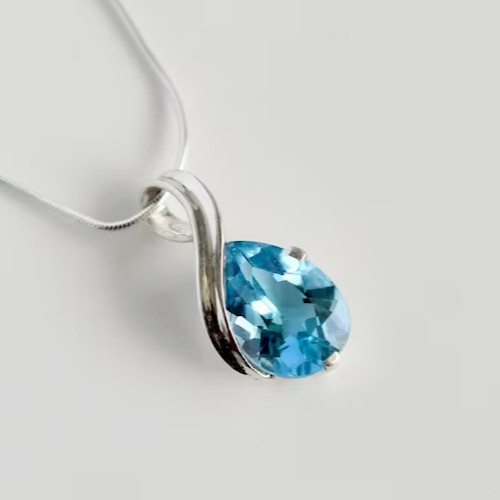 14K White Gold Plated 1.00Ct Pear Cut Simulated Blue Topaz Women’s Fancy Pendant