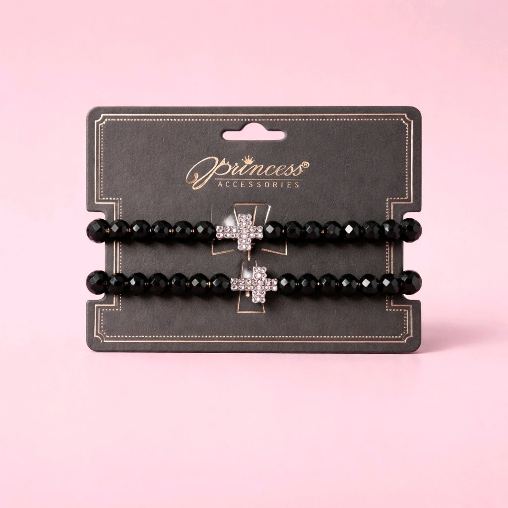 Cross Bracelet Beaded Stretch Double Strand Clear Black Rhinestone NEW Religious