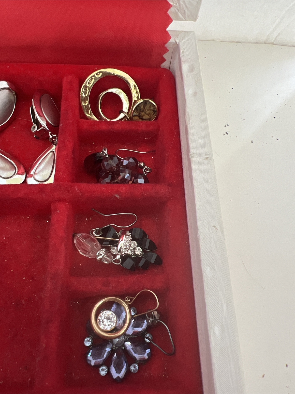 Jewerly Box and Lot of Costume Earrings Some Clip-on Some Pierced Some Single