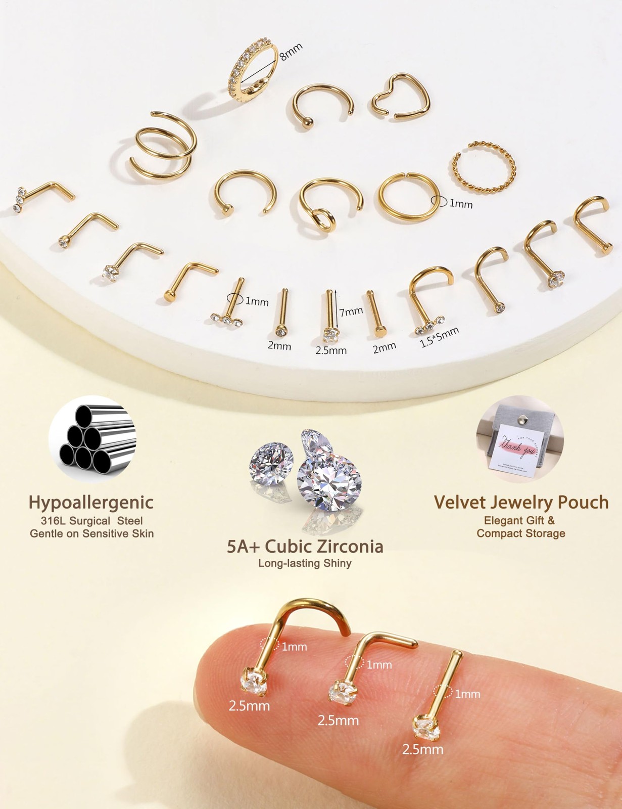 FIBO STEEL 18g Nose Rings Hoops Studs – 18G(1mm), 14K Gold Plated