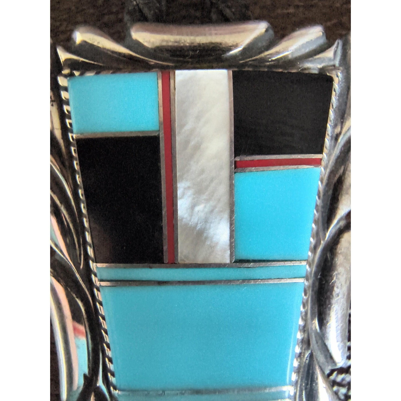 Old Sterling Silver Inlay Bolo Tie – Turquoise, Onyx, MOP & Spiny Oyster