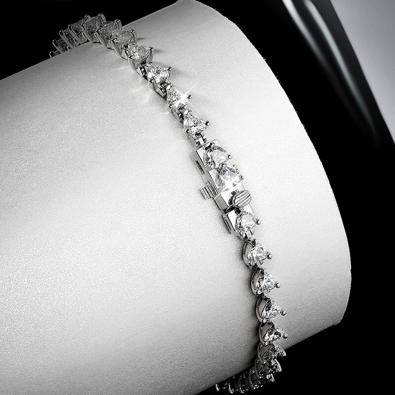 Full D VVS1 Real Heart Cut Moissanite Tennis Bracelet Chain 925 Sterling Silver