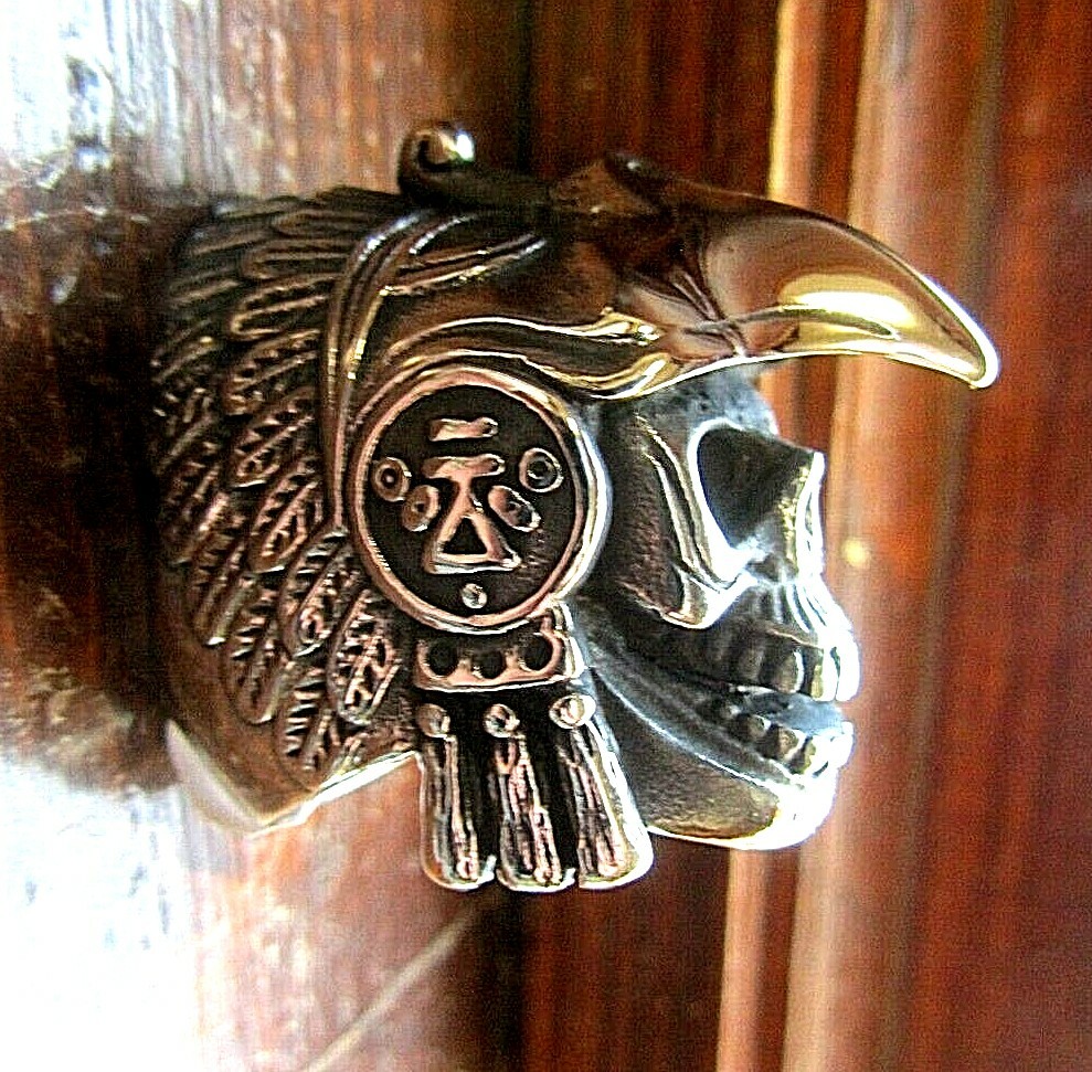 Skull-Face Aztec Warrior Stainless Steel Pre-Columbian Meso-American Silver Ring