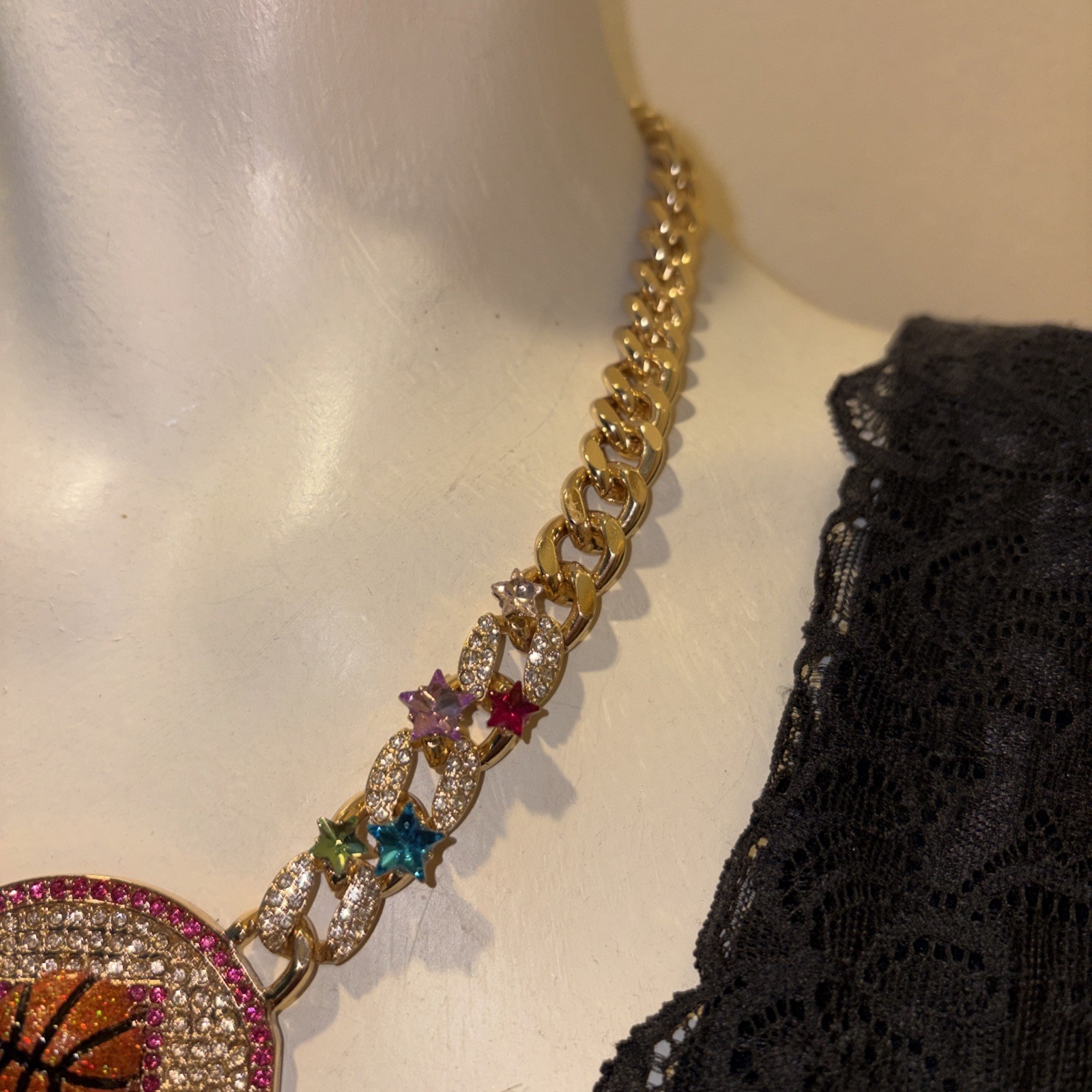 Betsey Johnson Necklace Gold Tone Basketball Hoop Drop With Orange Glitter Balls