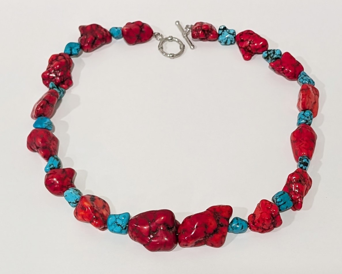 Chunky Necklace with Vivid Red and Blue Dyed Howlite Nuggets 18.5 in.