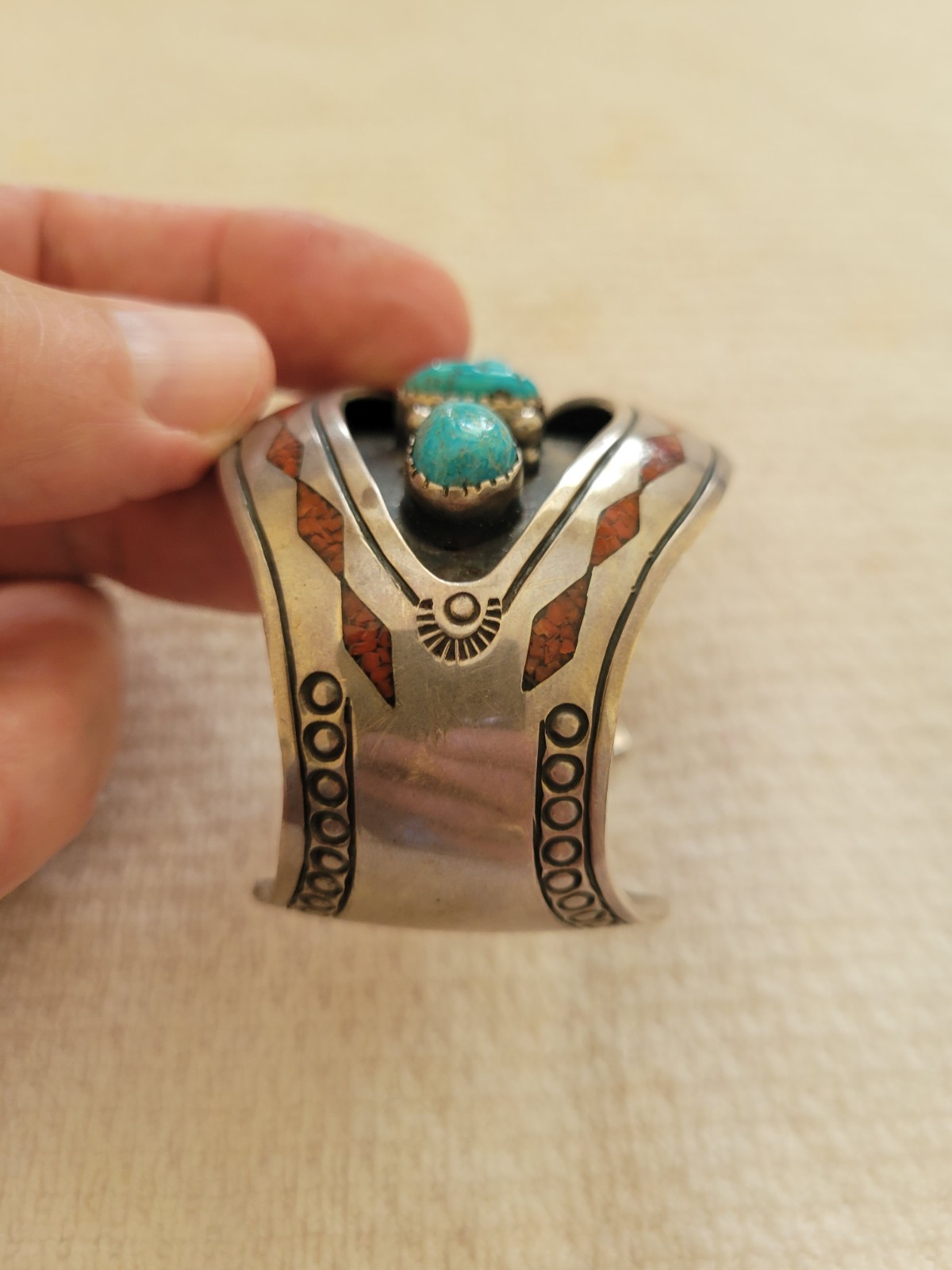Vintage Native American Cuff Bracelet Turquoise Stones Red Coral Chip Inlay