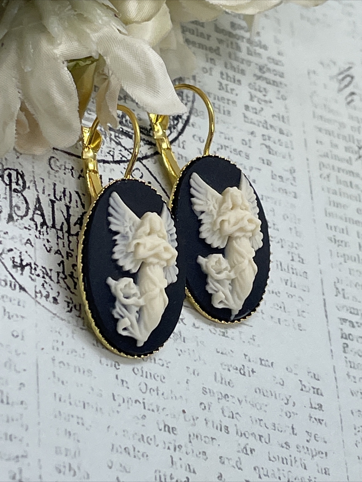 Gold Cream & Black Victorian Angel Wedding Anniversary Earrings Cameo Birthday