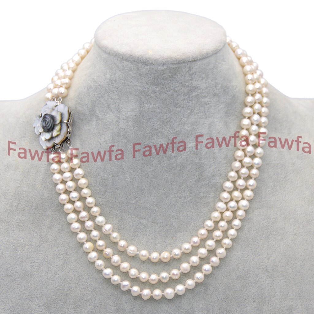 3Rows 6-7mm Natural White Akoya Freshwater Cultured Pearl Beads Necklace 17-19”