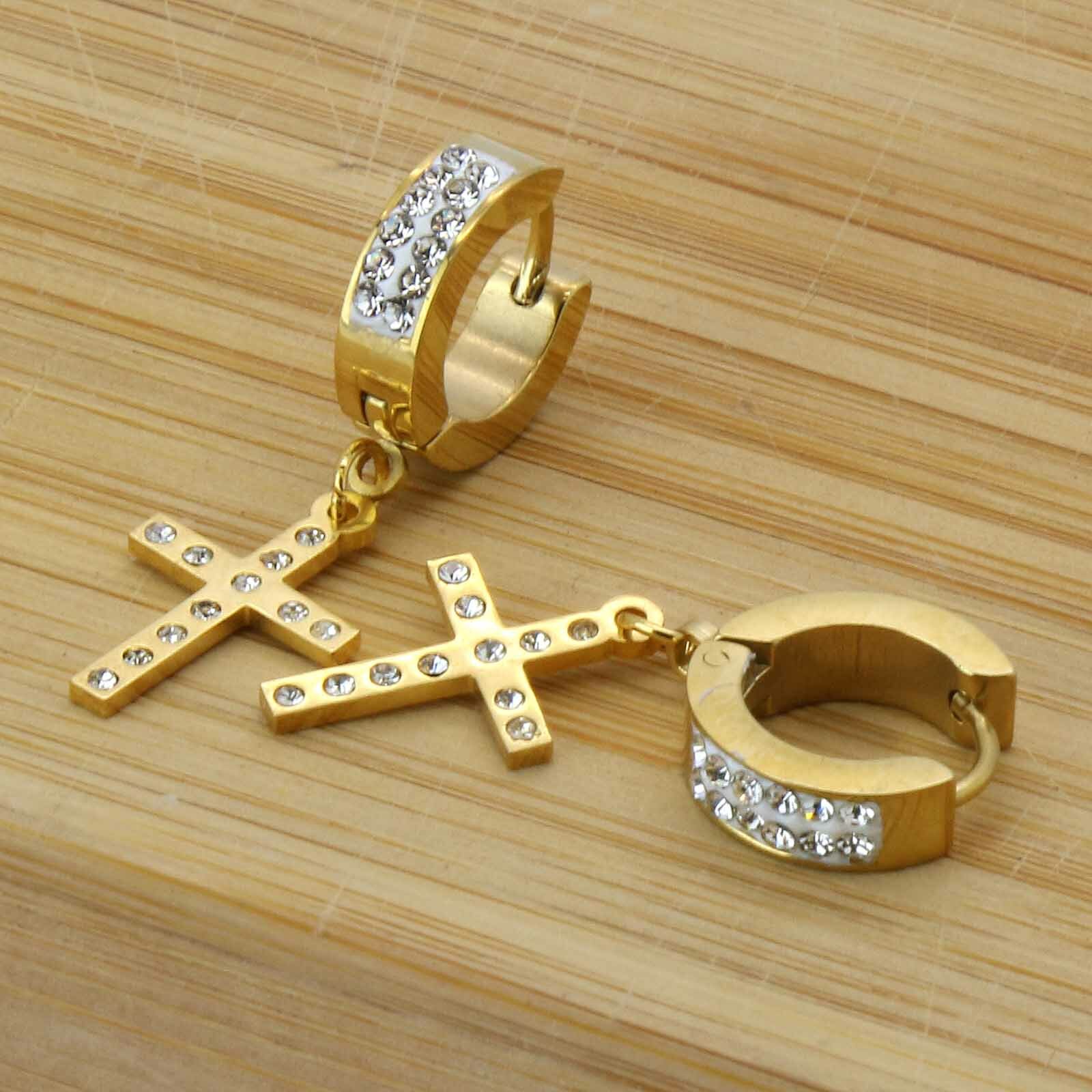 Mens Gold Stainless Steal 2Row Huggie Hoop Cubic Zirconia Cross Dangle Earrings