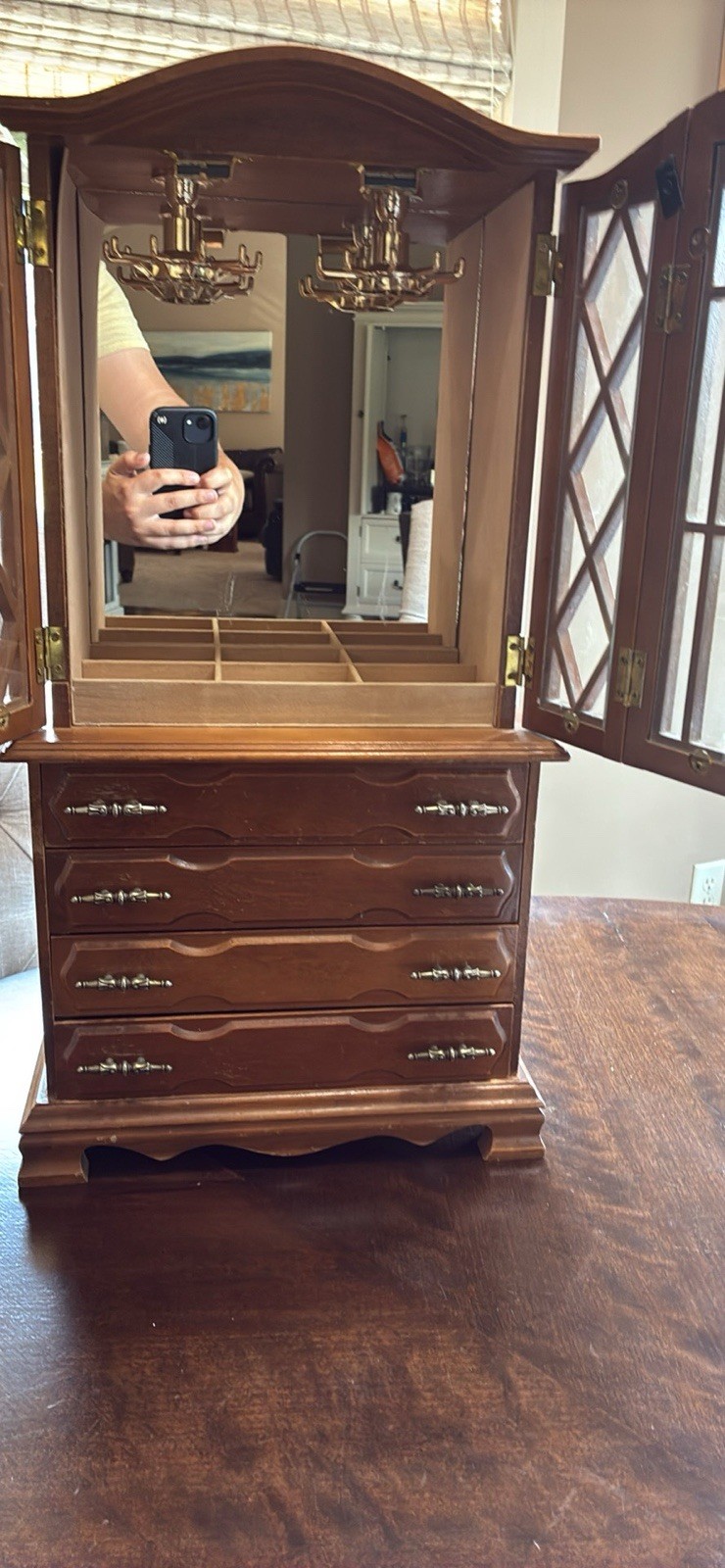 Brown Wood Jewelry Box Armoire w/ Mirror, Velvet Lined Drawers, Ring Storage