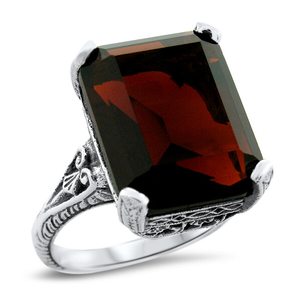 CHUNKY ANTIQUE STYLE 925 STERLING SILVER SIMULATED GARNET FILIGREE RING #1301