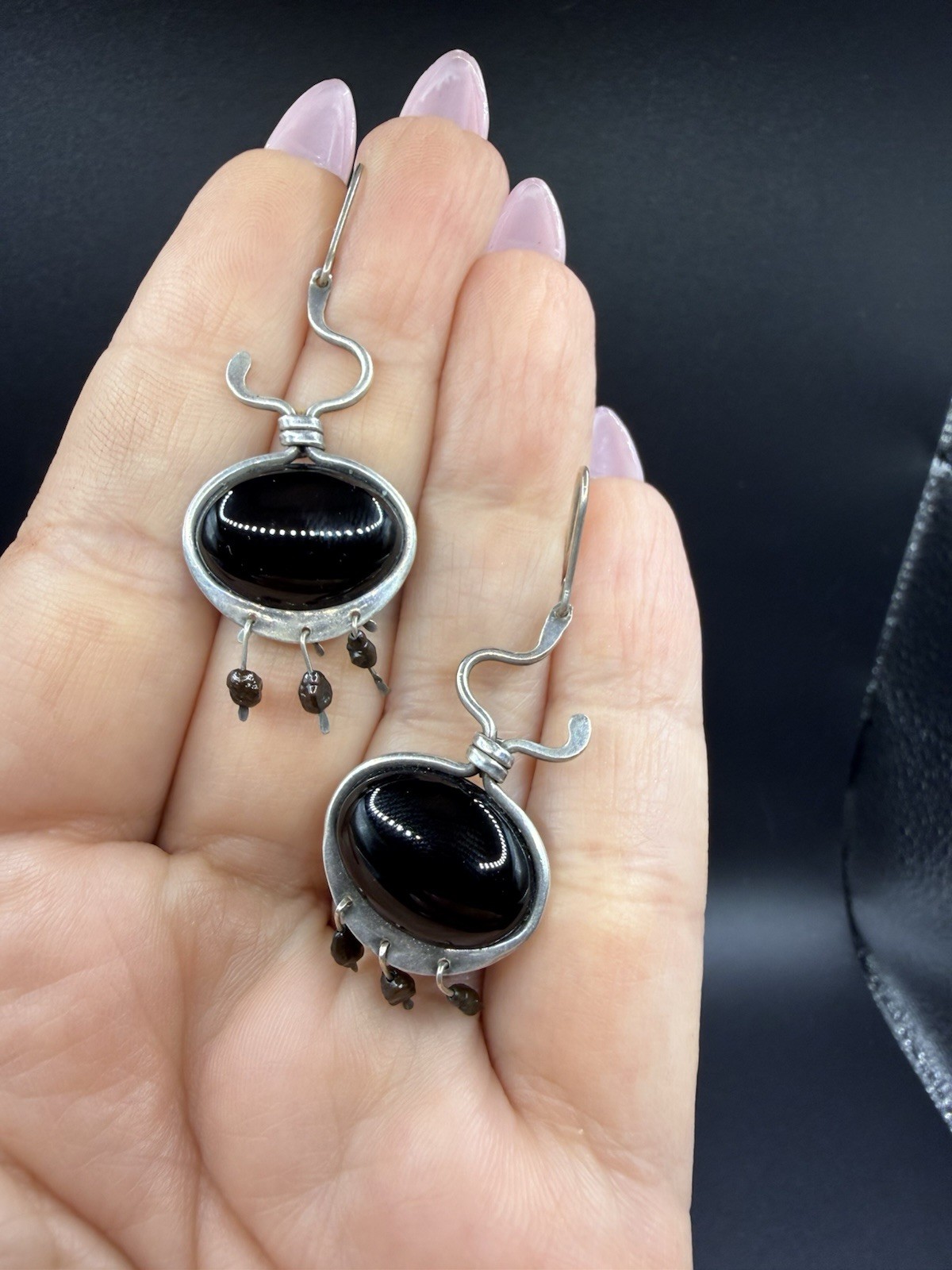 Black Onyx Dangle Ellipse Cabochon Silver Drop Earrings