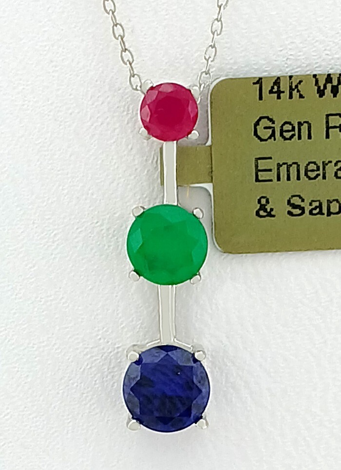 GENUINE RUBY, EMERALD & BLUE SAPPHIRE PENDANT 14k WHITE GOLD – Free Chain