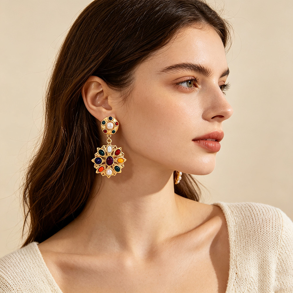 Multi Color Stone Floral Drop Earrings Gold Plated Retro Pearl Statement Jewelry