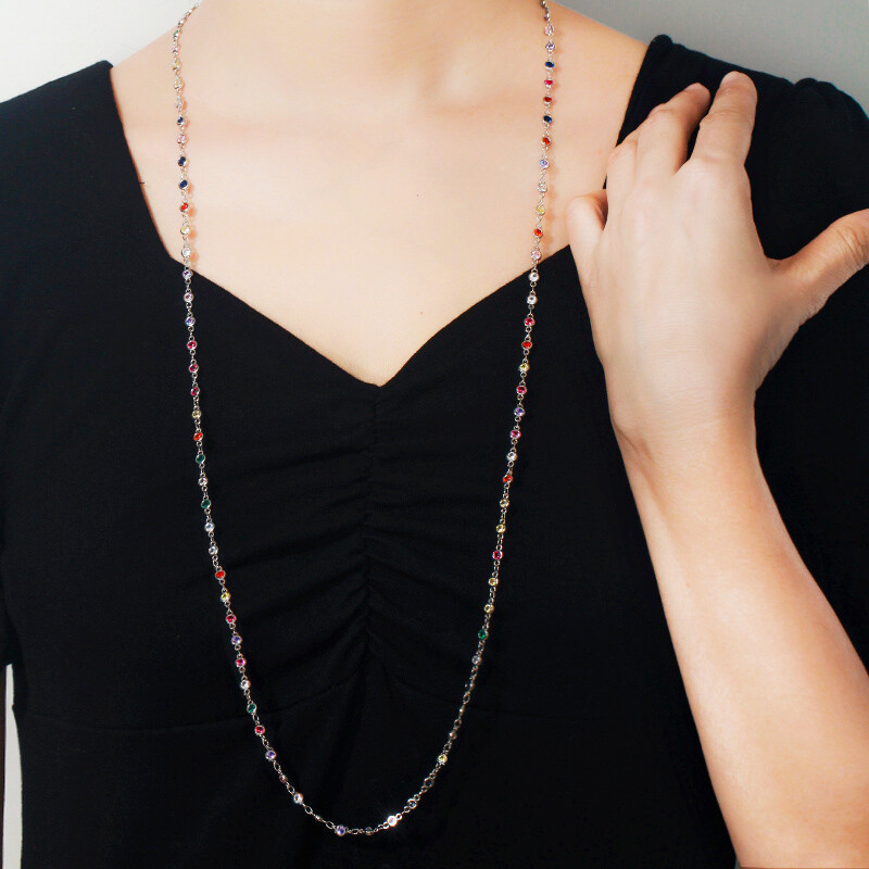 585 Gold Multicolored Round CZ Women Sweater Costume Long Chain Necklace Jewelry
