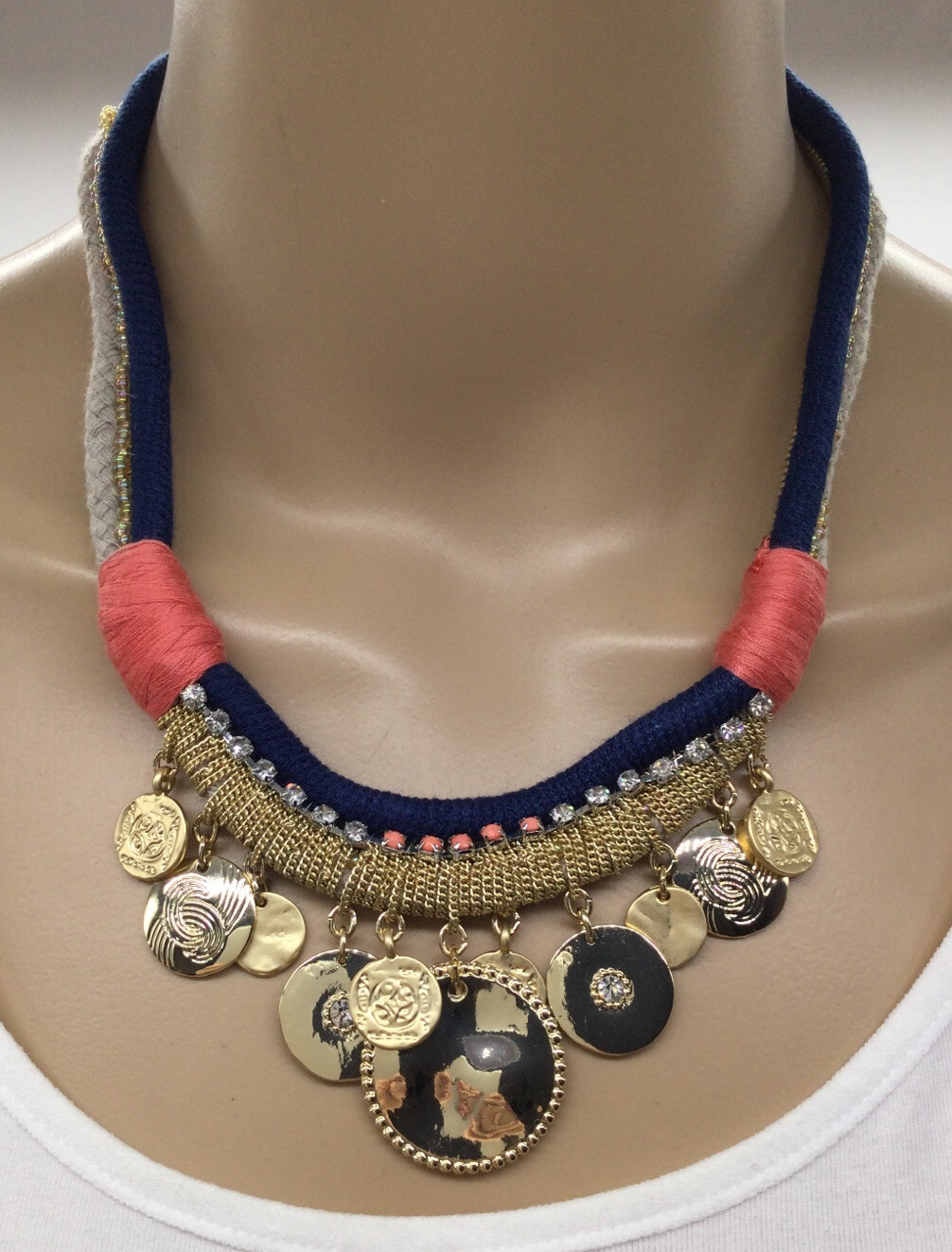 CHICO’S CORAL/BLUE/ TAN GOLD NECKLACE NWTS