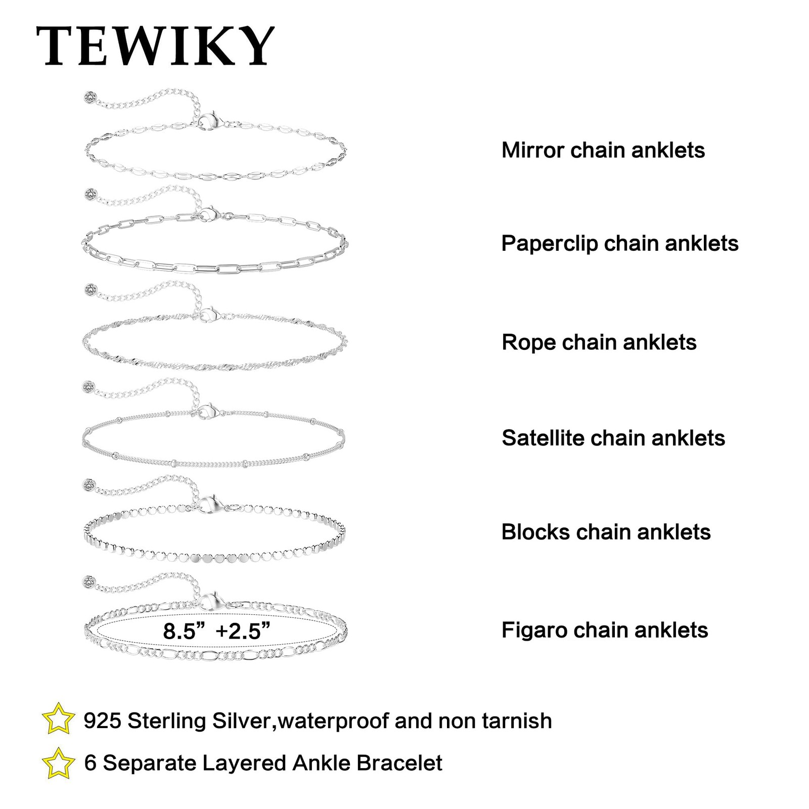 Tewiky Waterproof Ankle Bracelets for Women, 6pcs set-A, dainty anklets