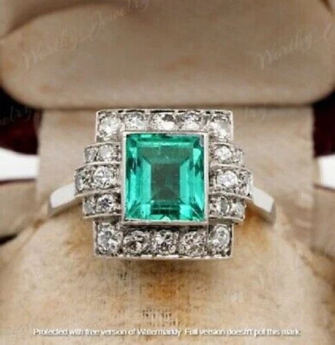 2.30Ct Lab-Created Green Emerald Halo Wedding Ring 14KWhite Gold Over