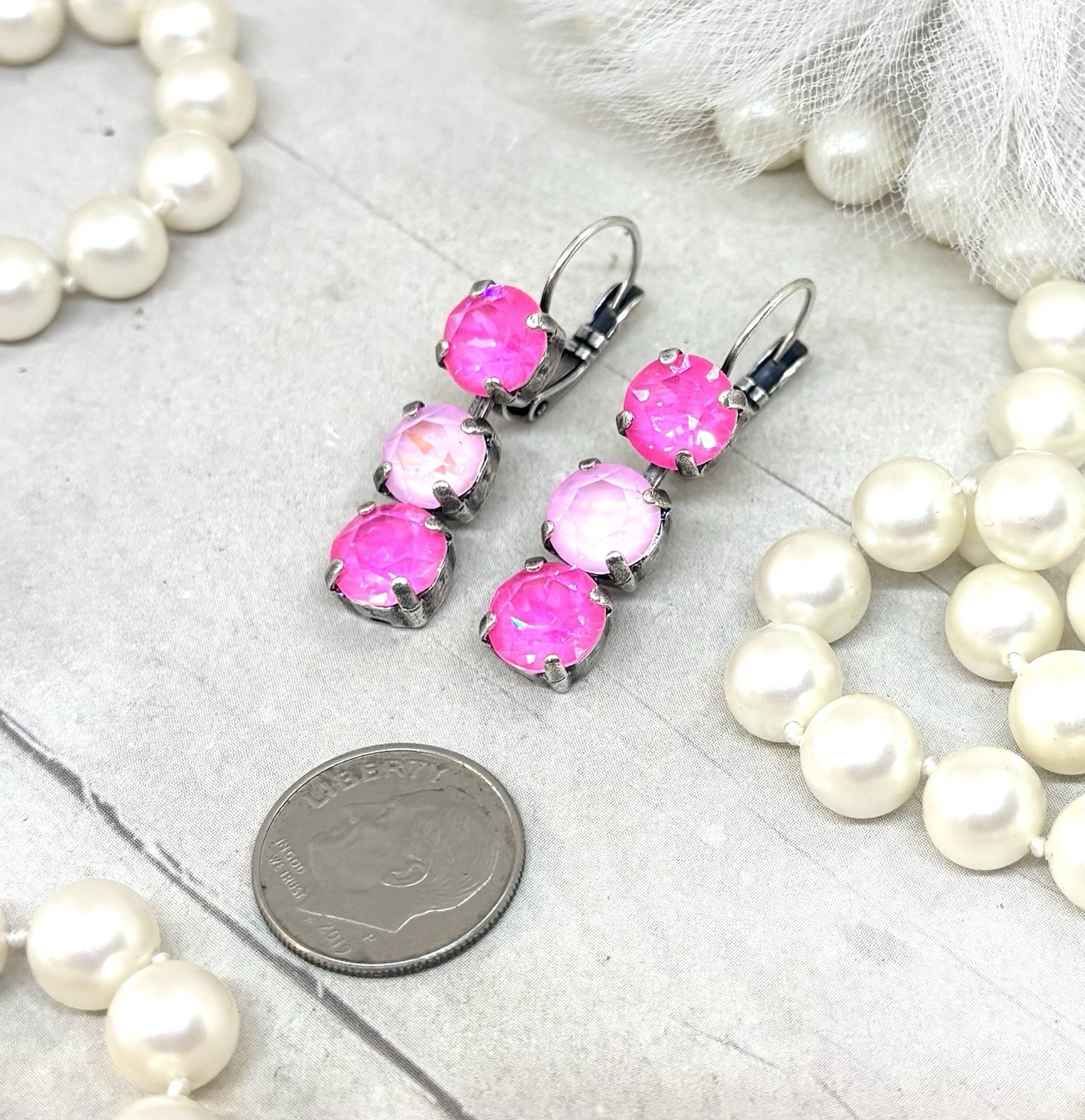 Antique Silver Plated Bubblegum Pink Cup Chain Triple Stone Drop Earrings, Neon