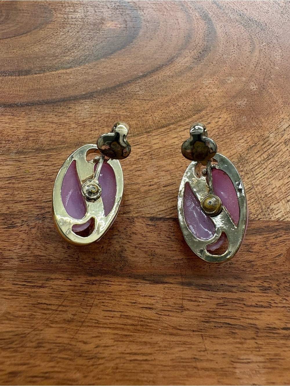 Vintage Pink Enamel and Gold-Tone Oval Clip-On Earrings