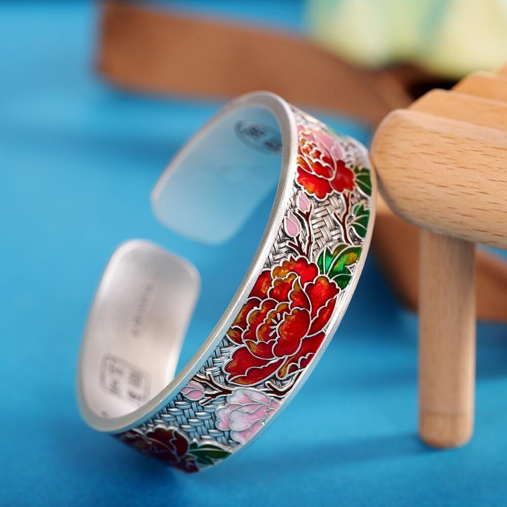 Pure S999 Fine Silver Women Cuff Banlge Red Flower Open Bracelet 2.36inch W