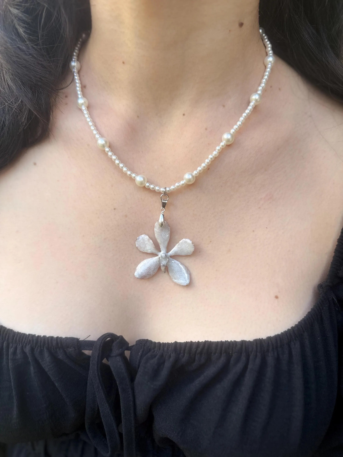 Real White Orchid Resin Necklace | Hand Painted Pearl Chain | 20in Pendant