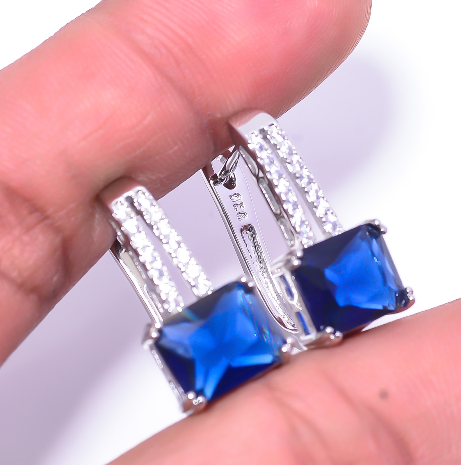 Blue Sapphire – Simulated & Cubic Zirconia 925 Sterling Silver Earring 0.86″ E47