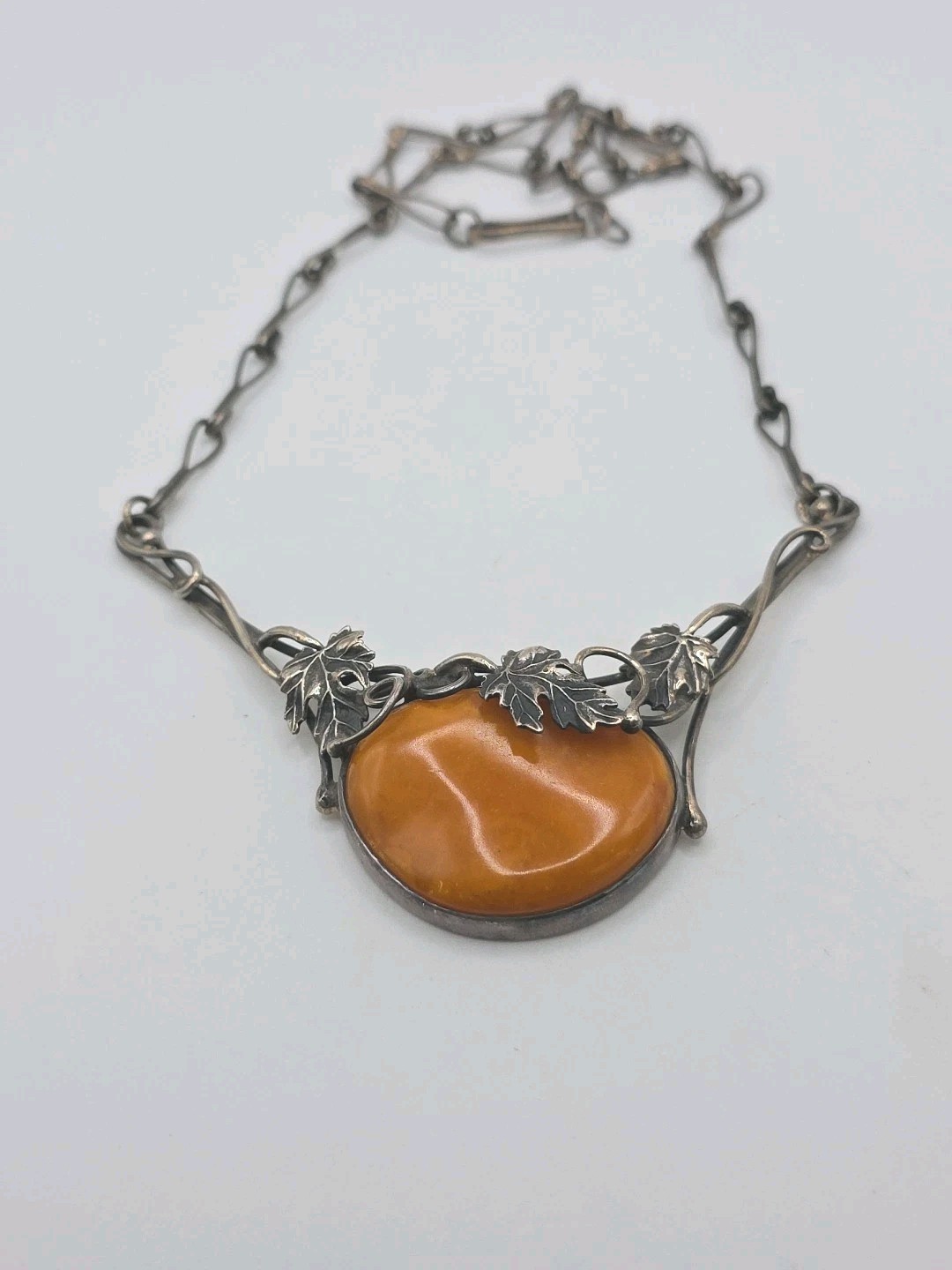 Vintage Sterling Silver 925 Orange Egg Yolk Amber Necklace 18″ 32g