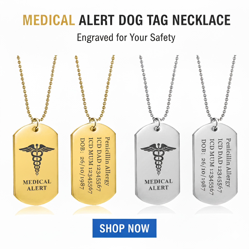 Stainless Steel Medical Alert ID Pendant Necklace Dog Tag Personalized Engraving