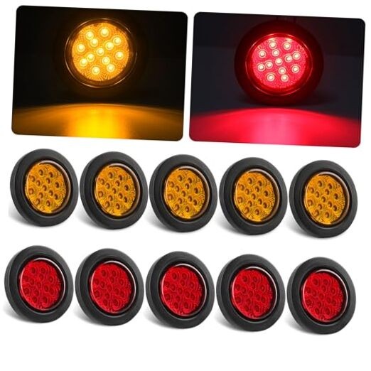 Konrali 2.5″ Round LED Marker Lights 13 LEDs w/Reflectors, 5 Amber + 5 Red 2