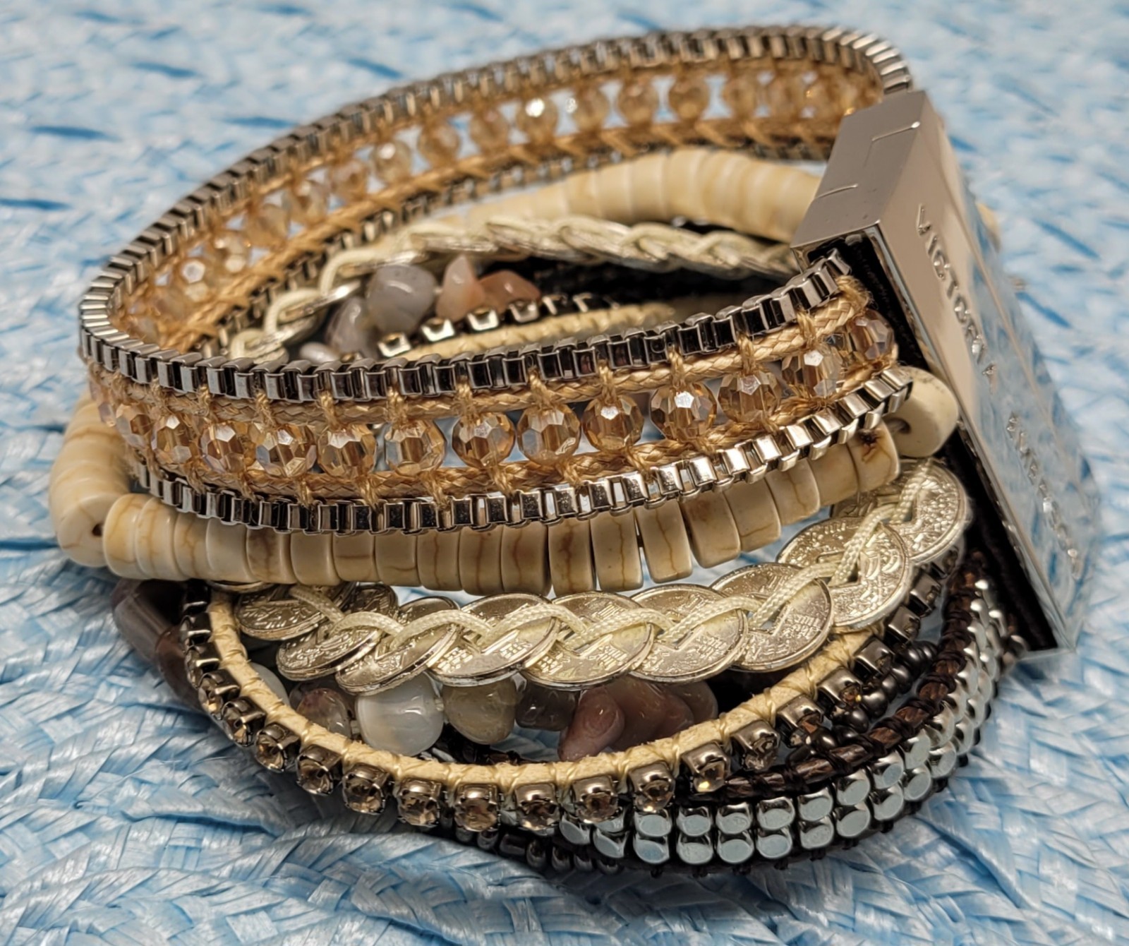 Victoria Emerson Natural Beaded Wrap Cuff Bracelet Multi Strand, Layered Magnet
