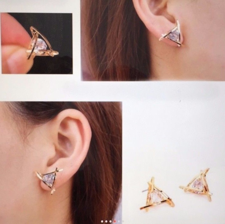 Womens Triangle Pierced Gold Crystal Zircon Stud Earrings