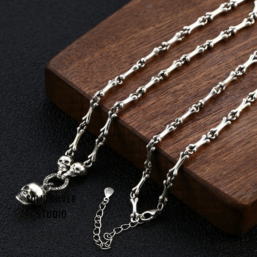 Authentic Solid S925 Sterling Silver Skull Bone Joining Necklace Pendant Chain