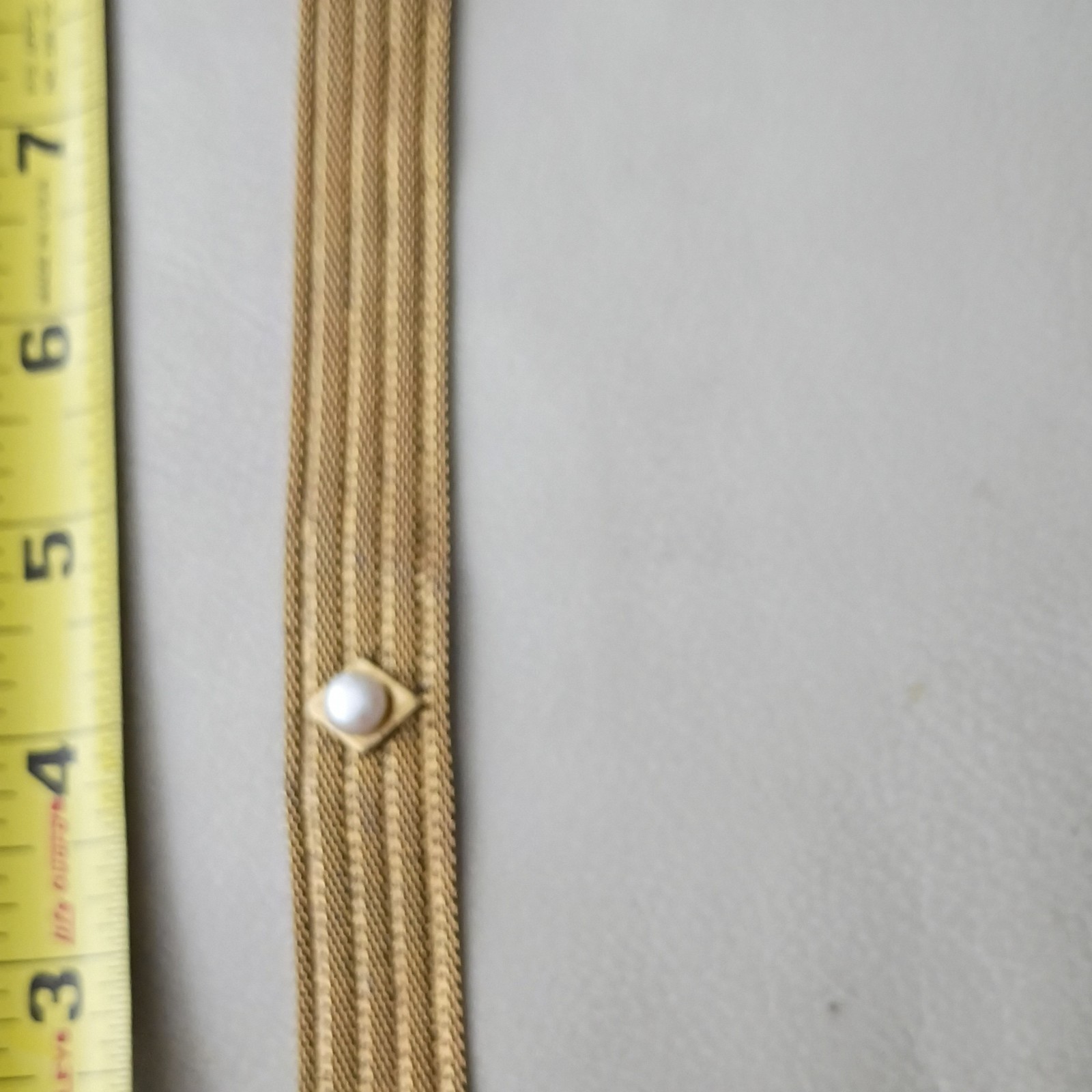 Gold Tone Mesh Cuff Bracelet Faux White Round Pearls Bead Cluster Dangle Charm
