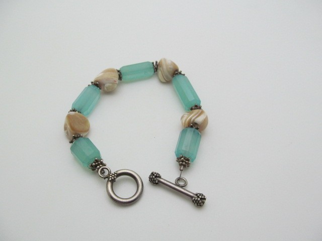 Sterling Silver Aqua Chalcedony & Pearl Natural Stone 13.25mm Toggle Bracelet